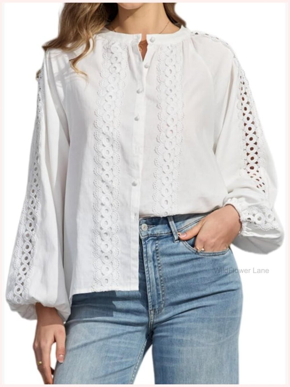 Lantern Sleeve Button Up Lace Trim Blouse Tunic Top